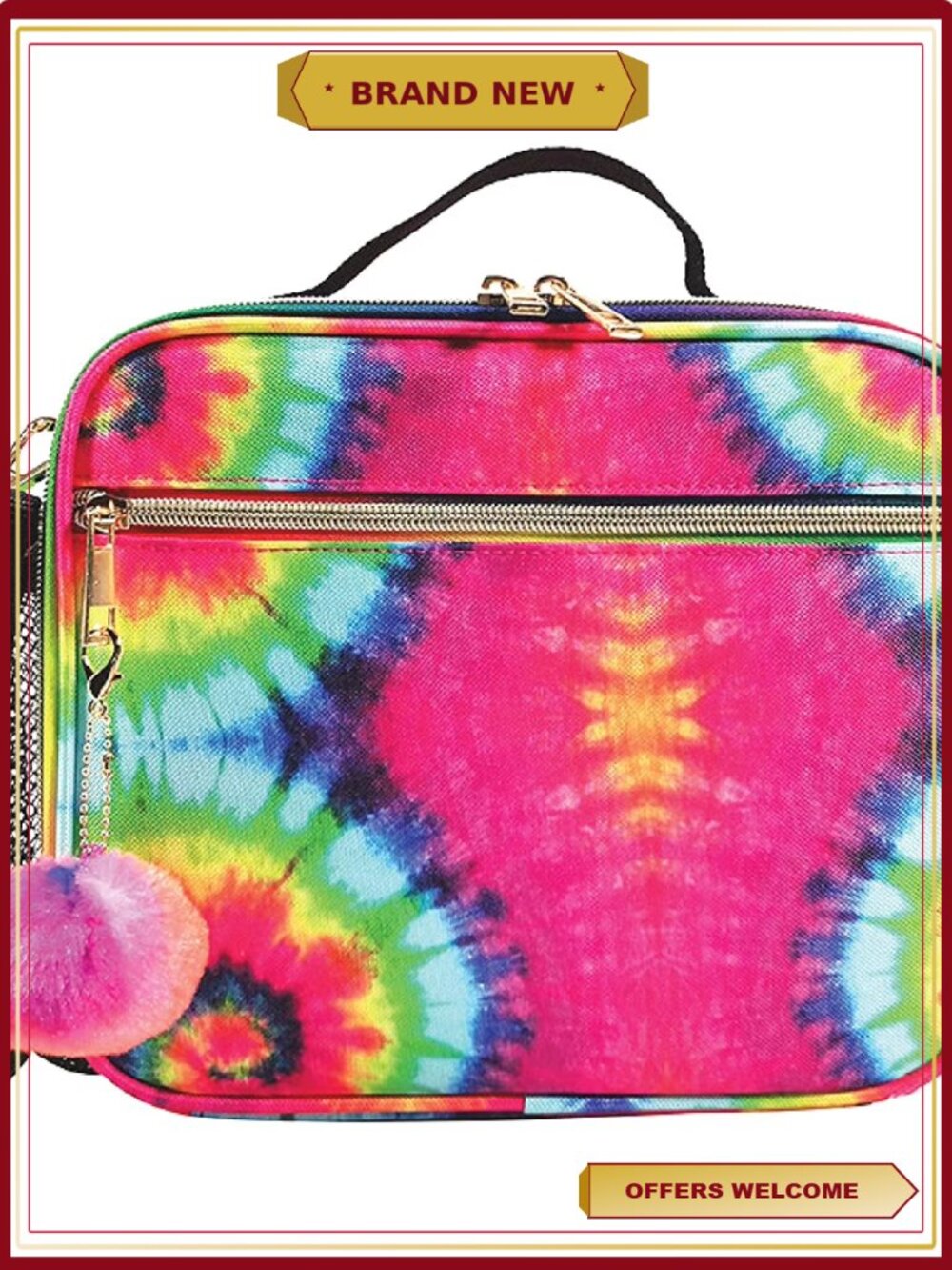 Insulated Water-Resistant Tie-Dye Lunch Bag with Zippered Pockets & Bottle